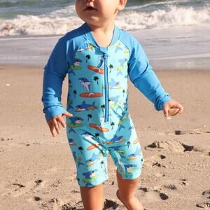 NWT Caden Lane Long Sleeve Rash Guard Swim Romper Shortie Surfin Shark 0-3 Month